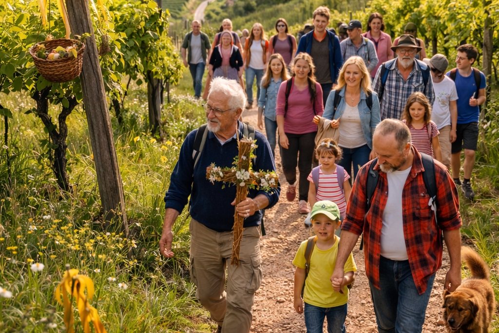 Eine Wandergruppe von jung bis alt läuft durch die Reben. Ein älterer Herr hält ein Kreuz in der Hand.
